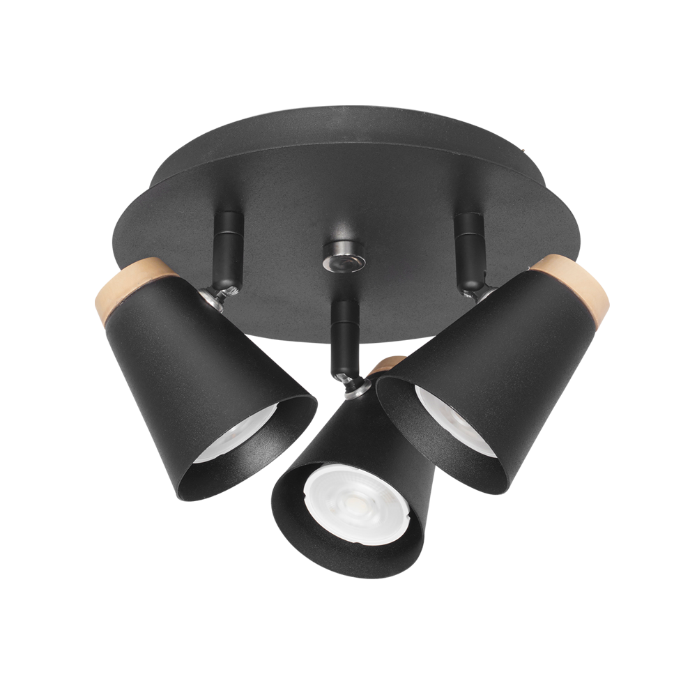 PLAFON 3 LUCES NEGRO C/MADERA CONICO